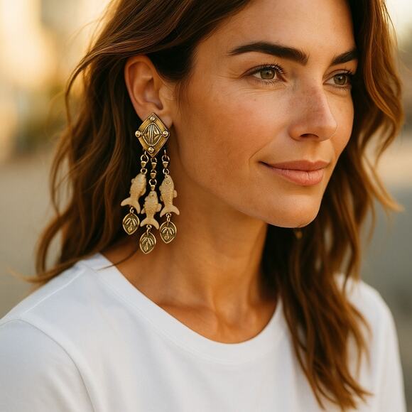 Vintage Fish Charm Earrings Dangle Clip Ons Statement Earrings - Picture 7 of 7